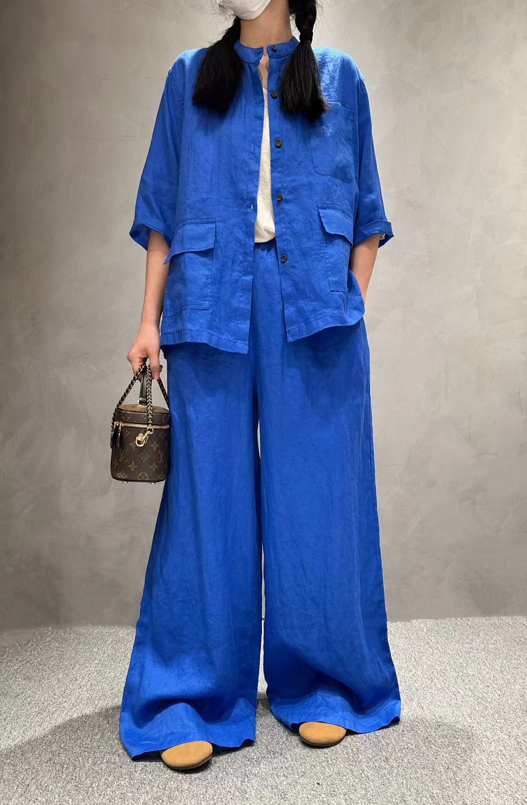 Solid Color Linen Suit Half Sleeve Shirt Casual Pants view 2