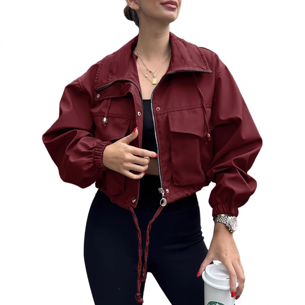 Solid Color Women's Short Jacket Zipper Trench Coat view 8
