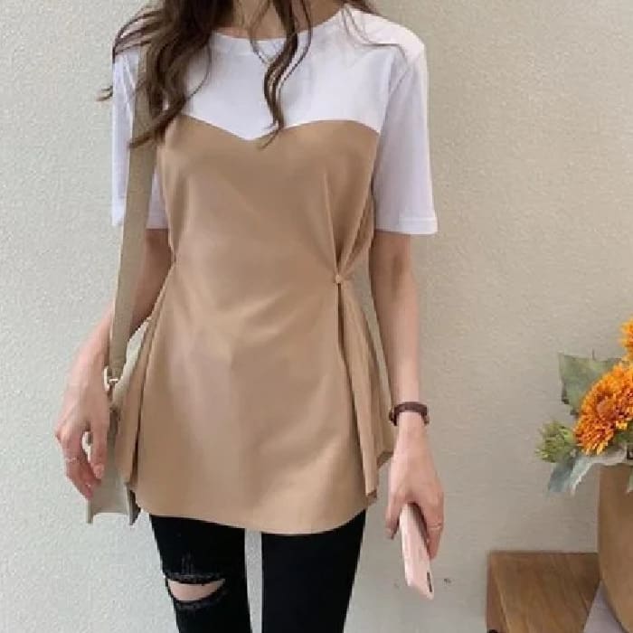 All-matching Graceful Fake Two-piece Mid-length Short-sleeved T-shirt view 4
