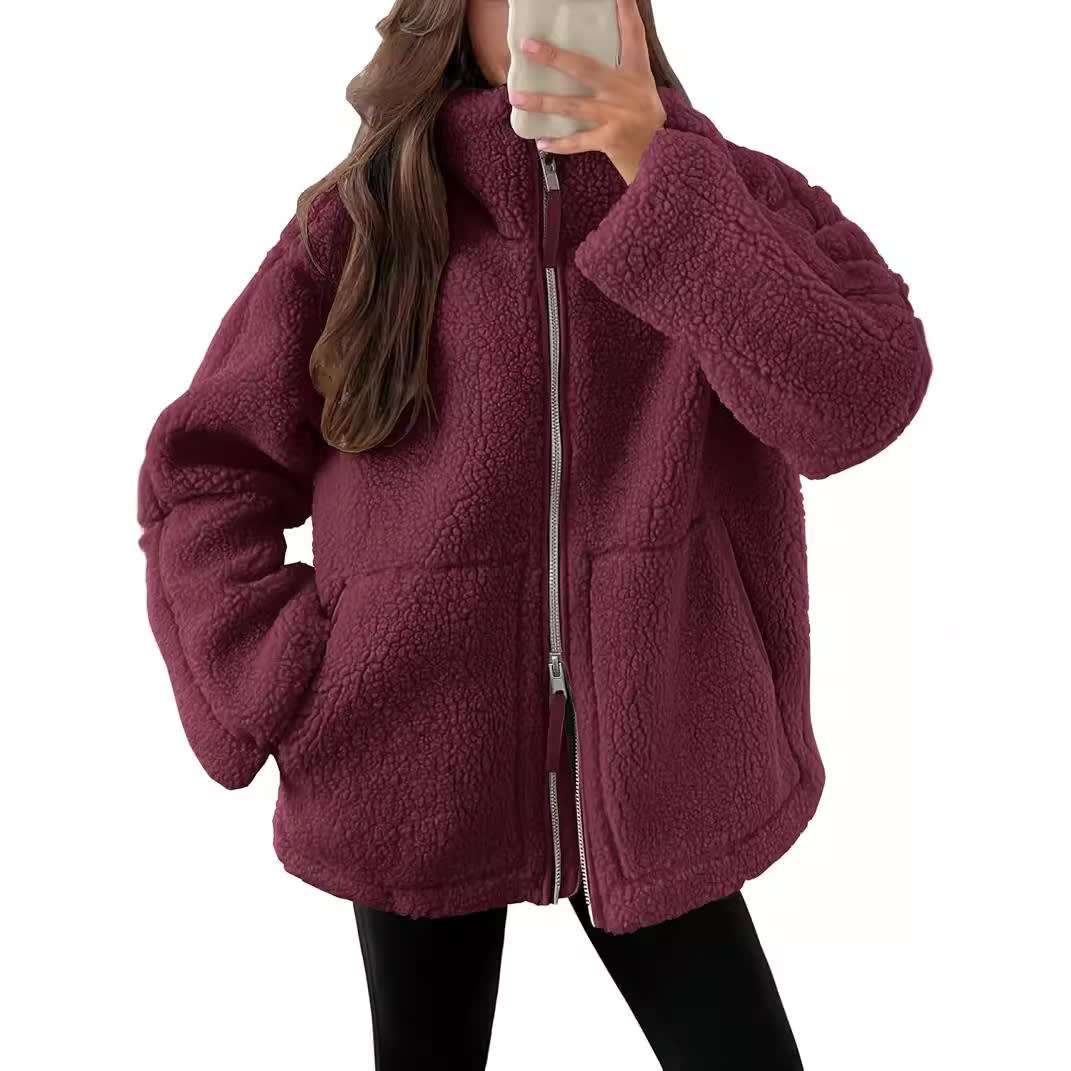 Winter Lapel Zip-up Coat With Pockets Casual Fashion Solid Fleece Jacket Fall Spring Long Sleeve Women's Clothing view 5
