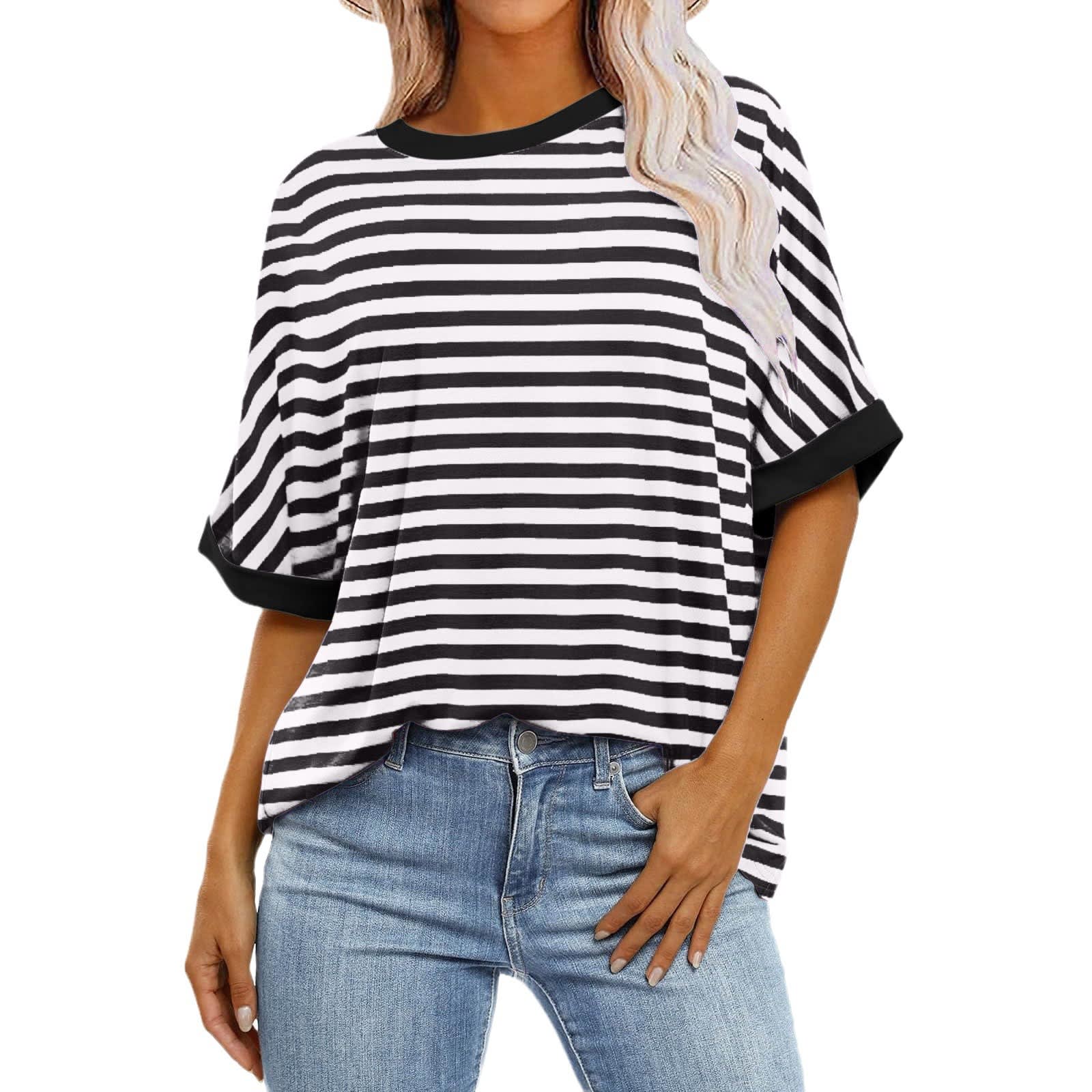 Women's Striped Printed Loose Color Matching Short Sleeve view 9