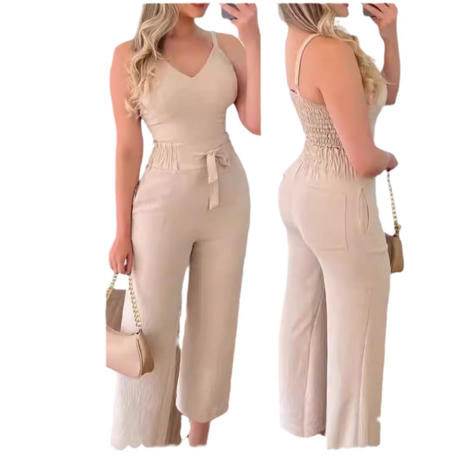 Women's Solid Color Slim Elastic Pleated Two-Piece Suit Sexy Spaghetti Strap V-neck Backless Vest High Waist Wide Leg Pants Suit view 7