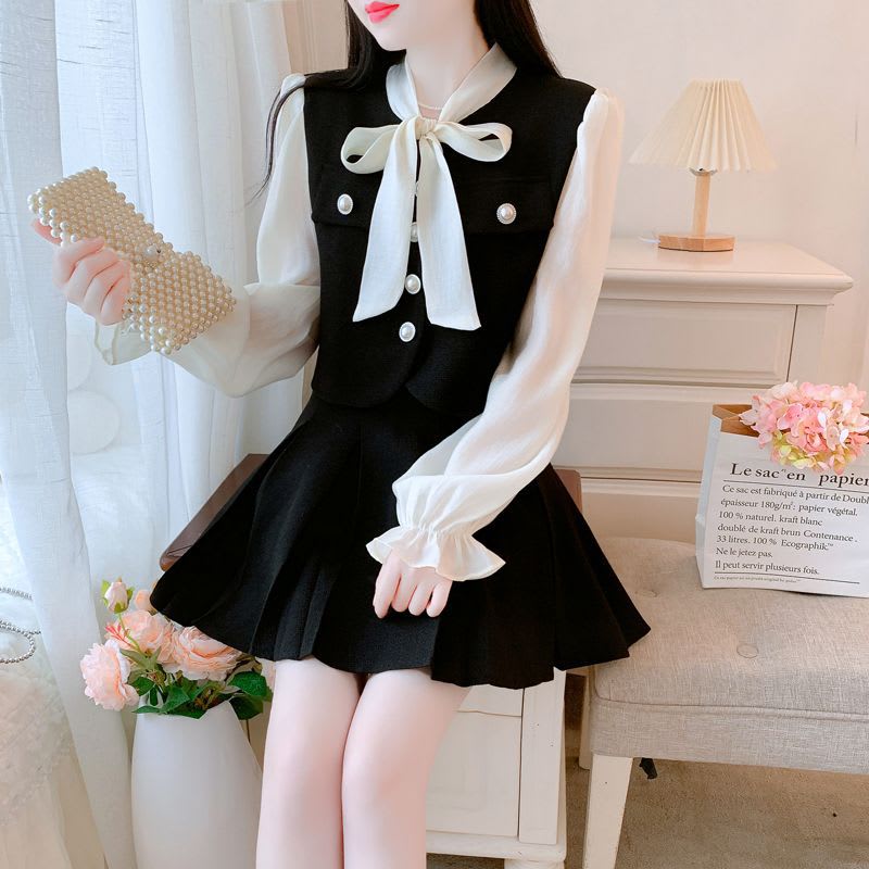 Two-piece Suit Skirt Classic Style Bowknot Shirt High Waist Skirt For Women view 6