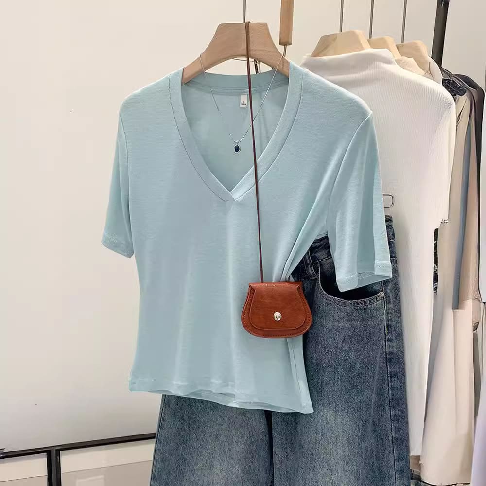 V-neck Shoulder Short-sleeved T-shirt Women's Fashion Small Top view 4