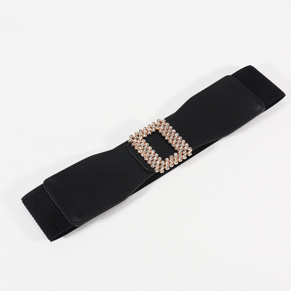 Elastic Female Black Rhinestone Square Buckle Elastic Waistband view 3