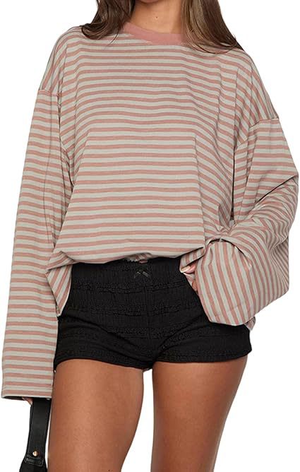 Casual Loose All-match Retro Contrast Color Striped Long-sleeved Top view 6