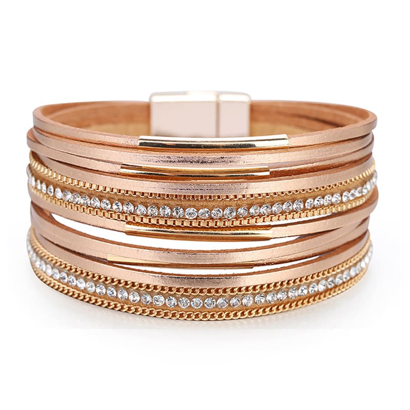 Multi-layer Genuine Leather Slim Chain Copper Tube Stick-on Crystals Bracelet view 4