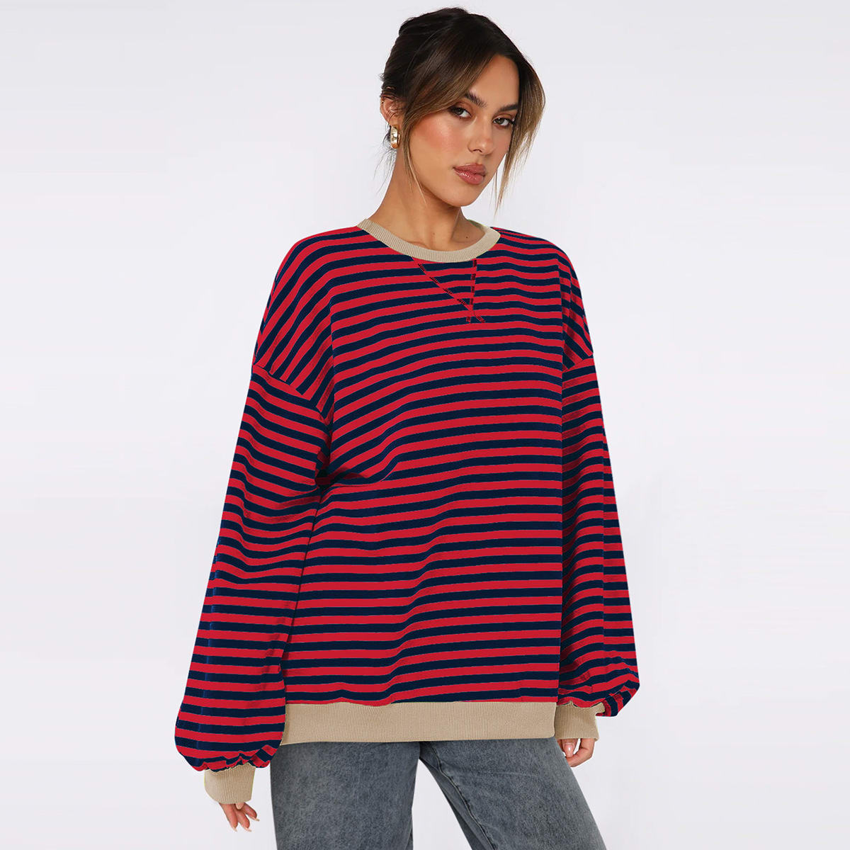 Women's Fashion Round Neck Striped Sweater Loose Bishop Sleeves Top view 2