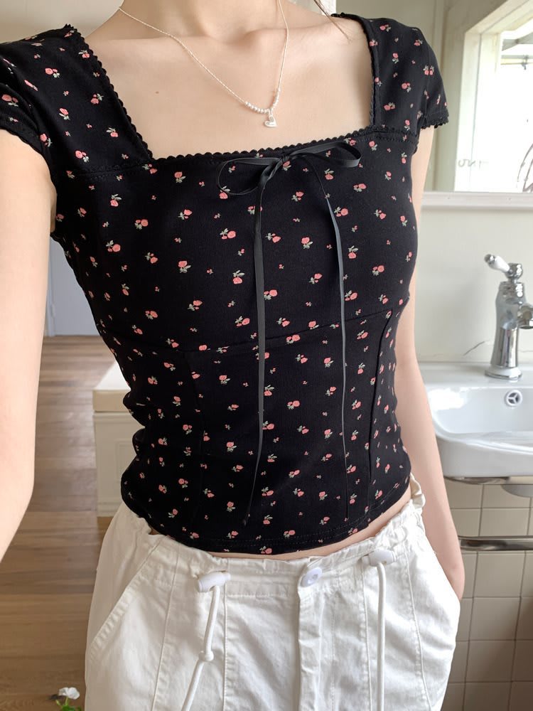 Women's Summer Slim Fit Niche Chic Square Collar Short Sleeve T-shirt Top view 25