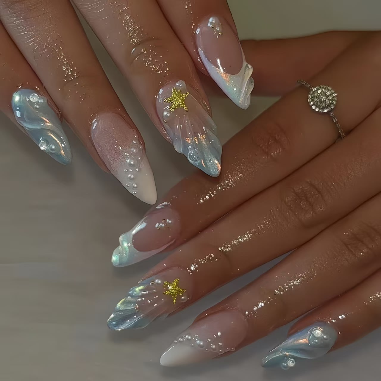 Fashion Ocean Series Almond Nail 3D Pearl Gold XINGX Wear Nail view 3