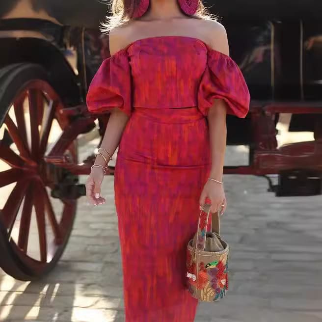 Elegant Bandeau One-shoulder Puff Sleeve Top Mid-length Dress Set Lightly Mature view 5