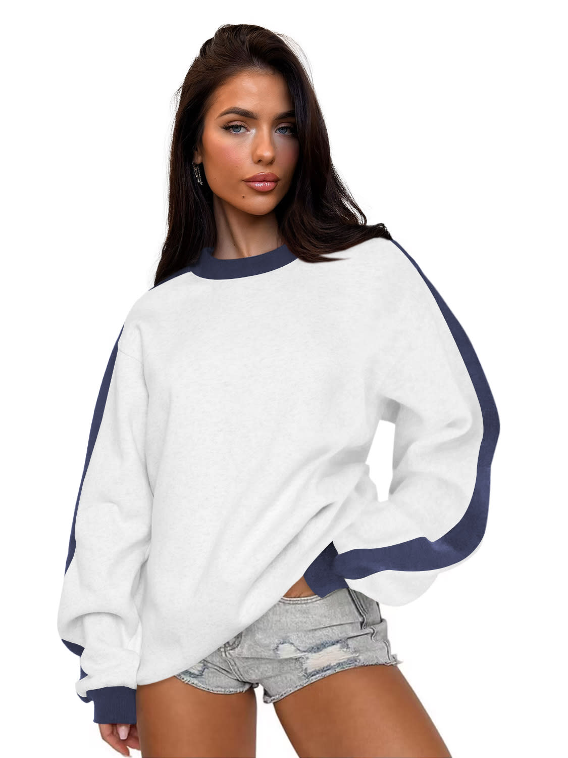 Women's Contrast Color Round Neck Loose Sweater Long-sleeved Top view 5