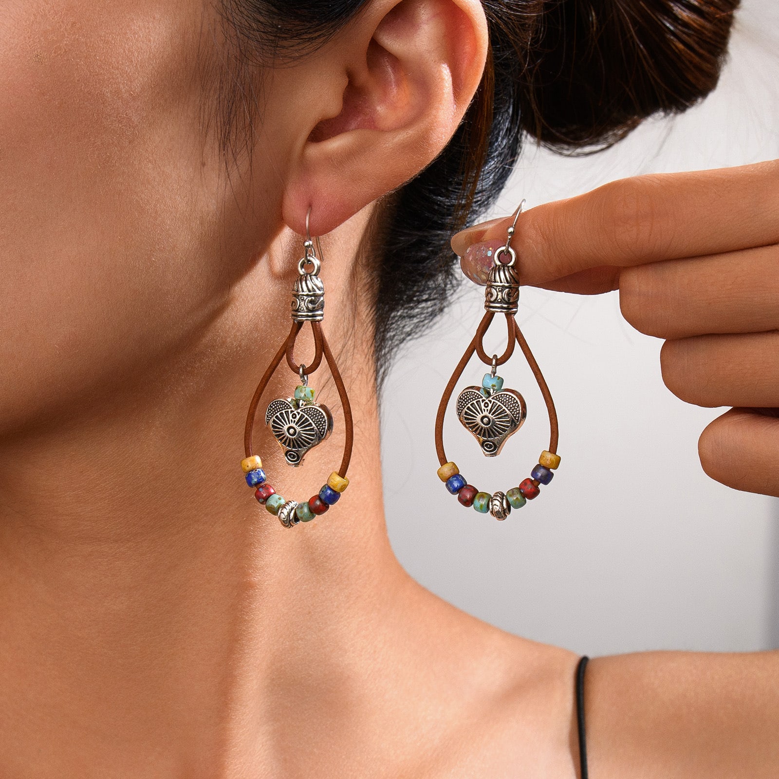 Vintage Earrings Ethnic Style Antique Silver Flower Turquoise Rope Pendant Women's Jewelry view 25