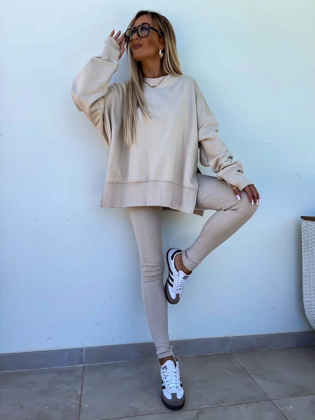 Sweater Suit Women's Casual Loose Long Sleeve Crew Neck Split Top Tight Trousers view 44