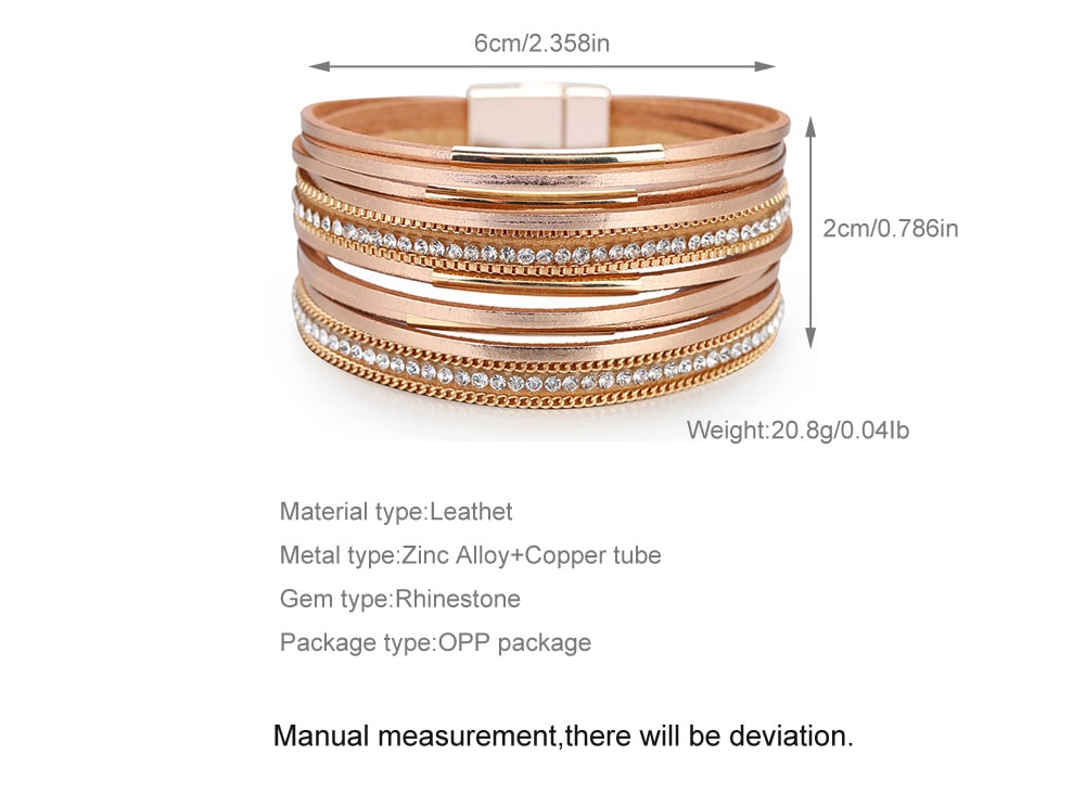 Multi-layer Genuine Leather Slim Chain Copper Tube Stick-on Crystals Bracelet view 5