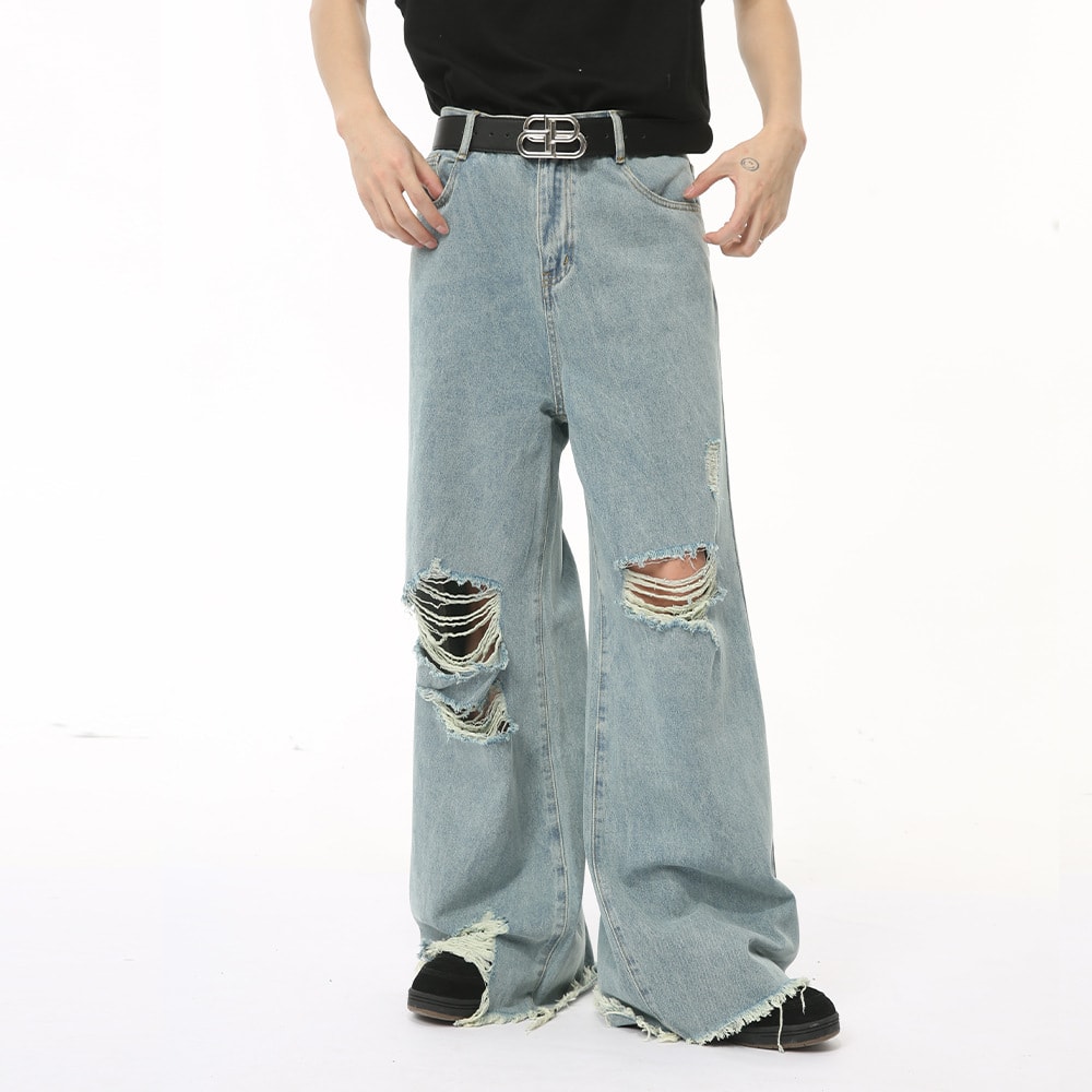 American Pu Shuai Burrs Tassels Broken Hole Design Denim Suit view 4