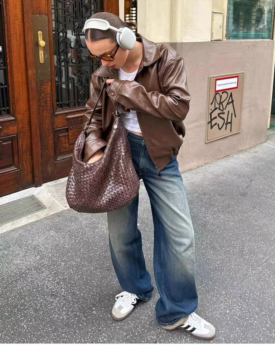 Women's Vintage Brown Leather Motorcycle Jacket view 5