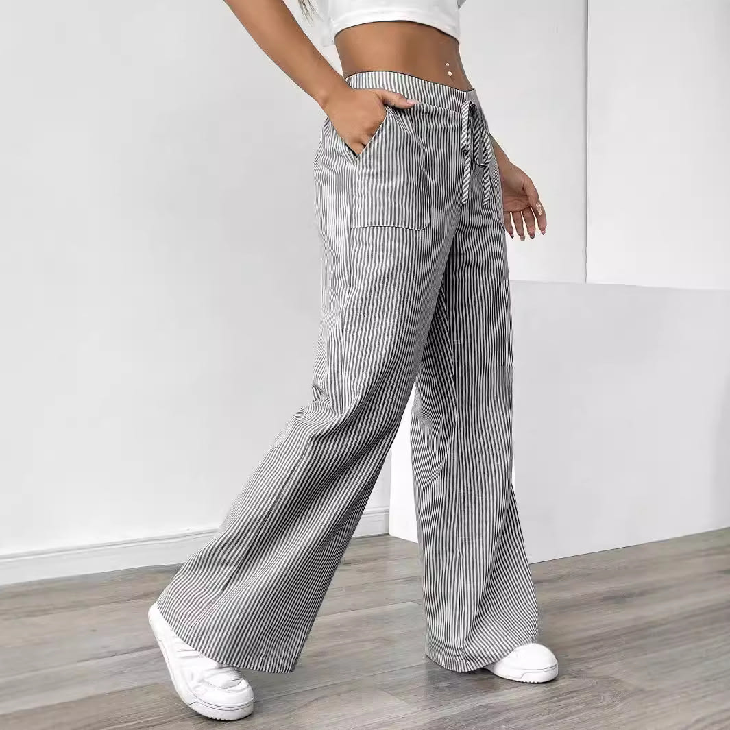 New Striped Trousers With Pockets Casual Versatile Loose Wide Leg Pants Women's Clothing view 3
