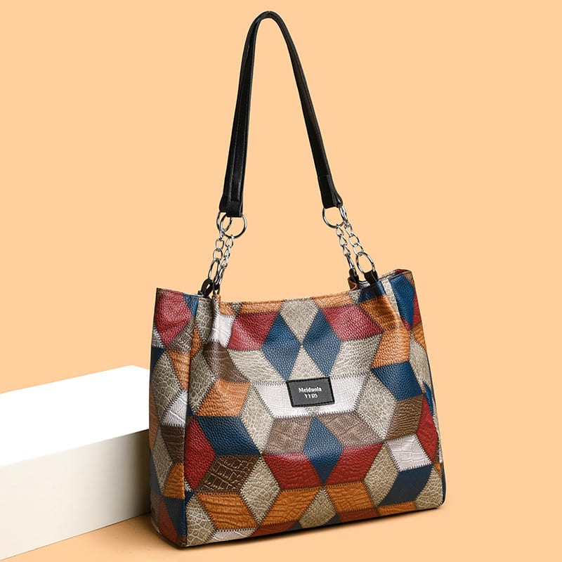 Retro Geometric Pattern Color-matching Shoulder Bag Fashion Large Capacity Stitching Handbag For Women Totes view 5