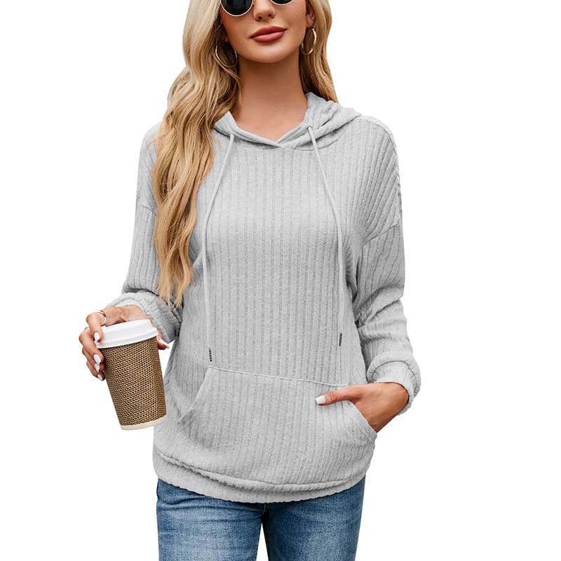 Women's Knitwear Hooded Sunken Stripe Kangaroo Pocket Sweatshirt view 5