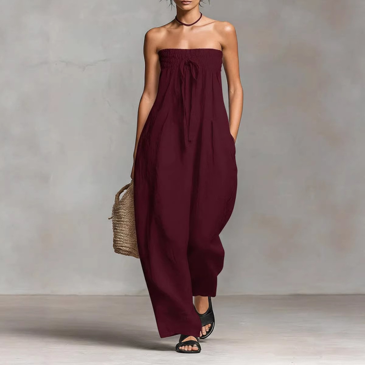 Women's Strapless Ruched Jumpsuit Summer Fashion Tie-up Loose Straight-leg Jumpsuit