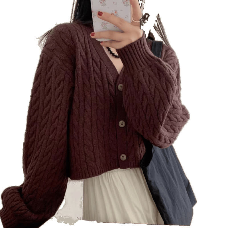 Twist Outer Wear V-neck Sweater Needle Woven Women's Cardigan view 5