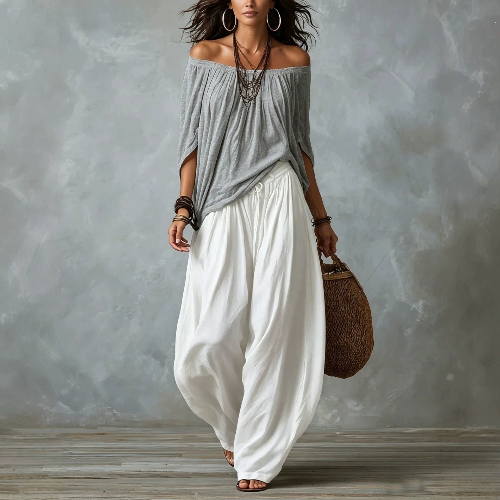 Women's Off-Shoulder Suit Long Sleeve Top And Flare Leg Pants Set - Loose Fit Casual Two Piece Outfit view 10