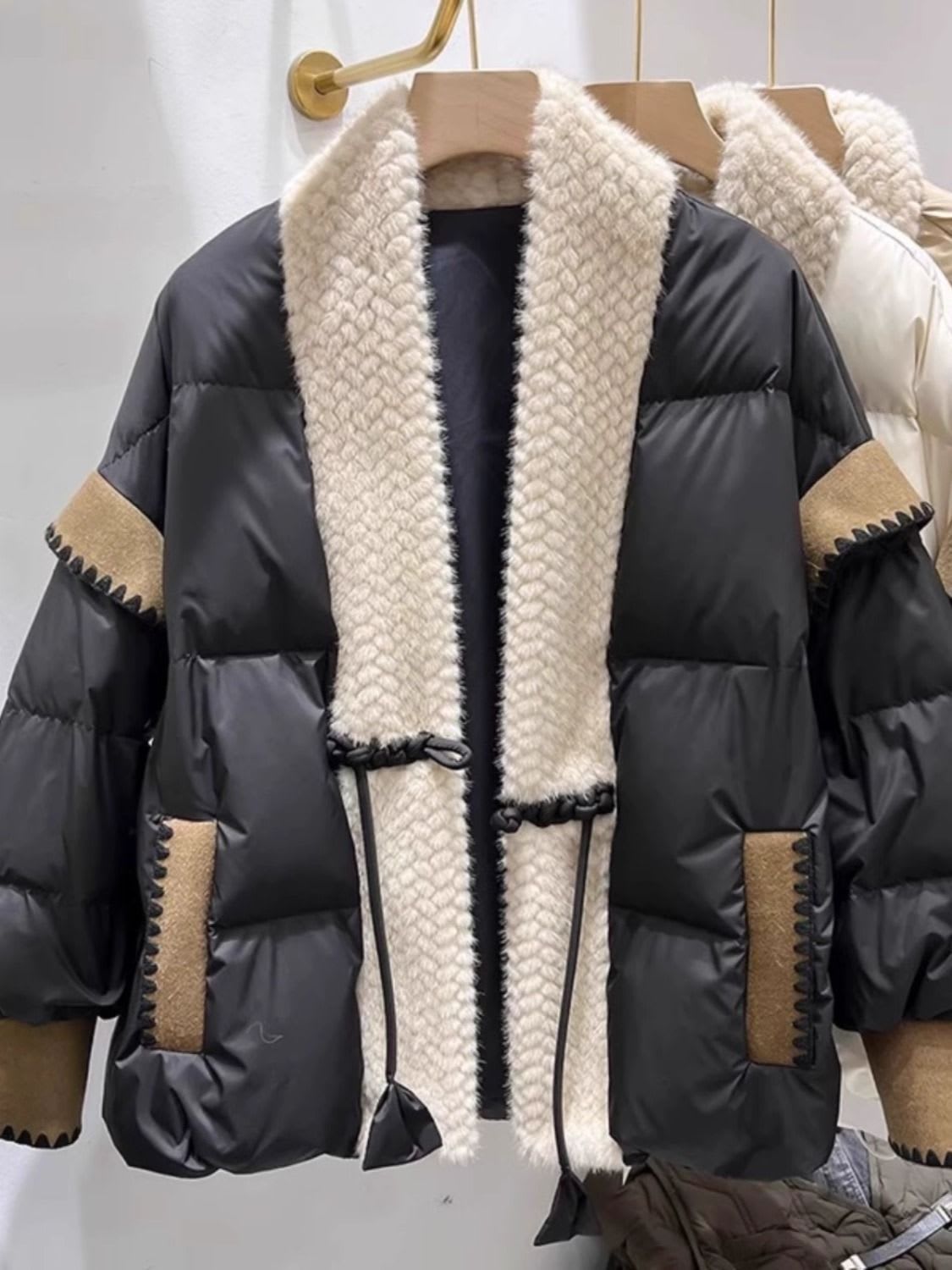 V-neck Frog Button Stitching Furry Padded Down Jacket Cotton-padded Coat view 7