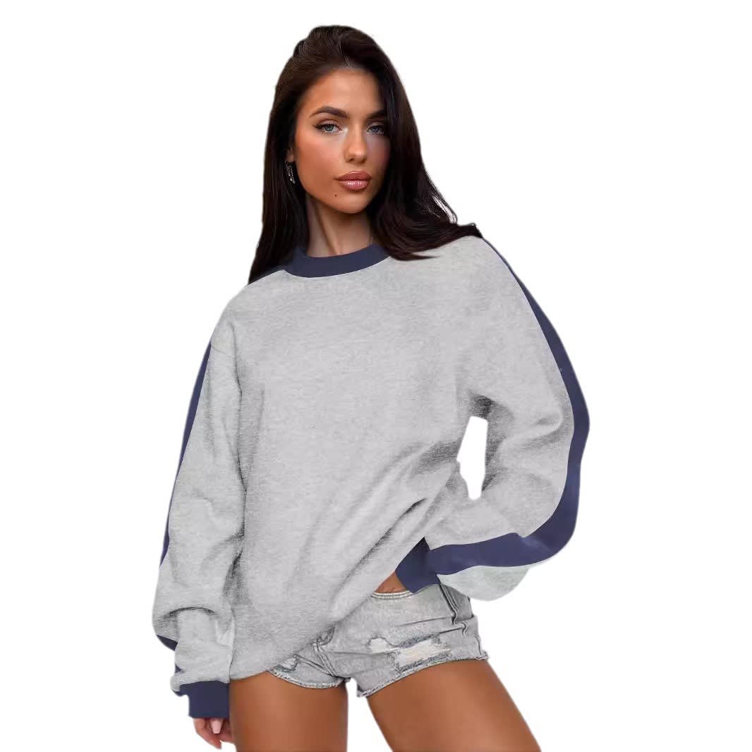 Women's Contrast Color Round Neck Loose Sweater Long-sleeved Top view 10