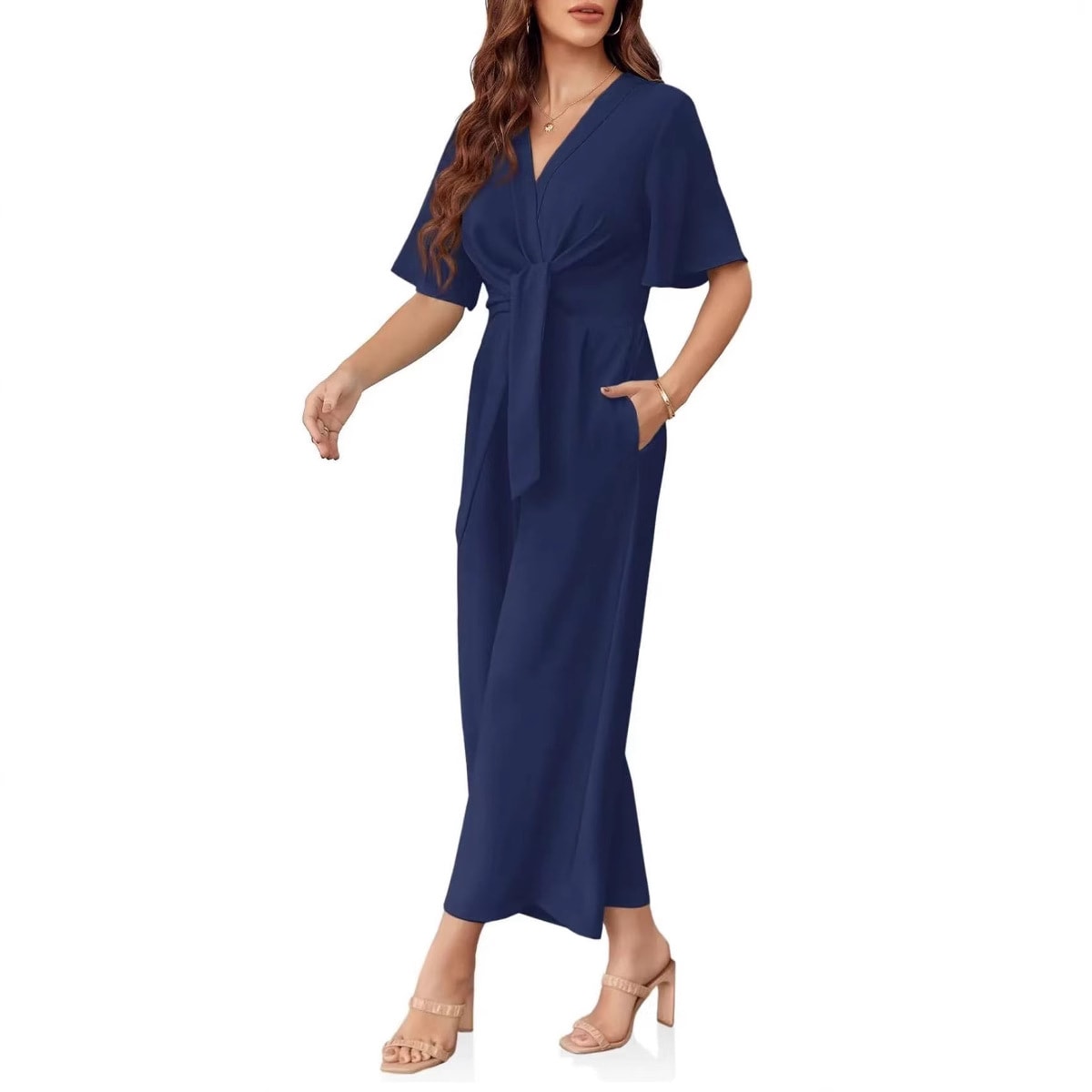 Solid Color And V-neck Minimalist Design Short-sleeved Jumpsuit view 2
