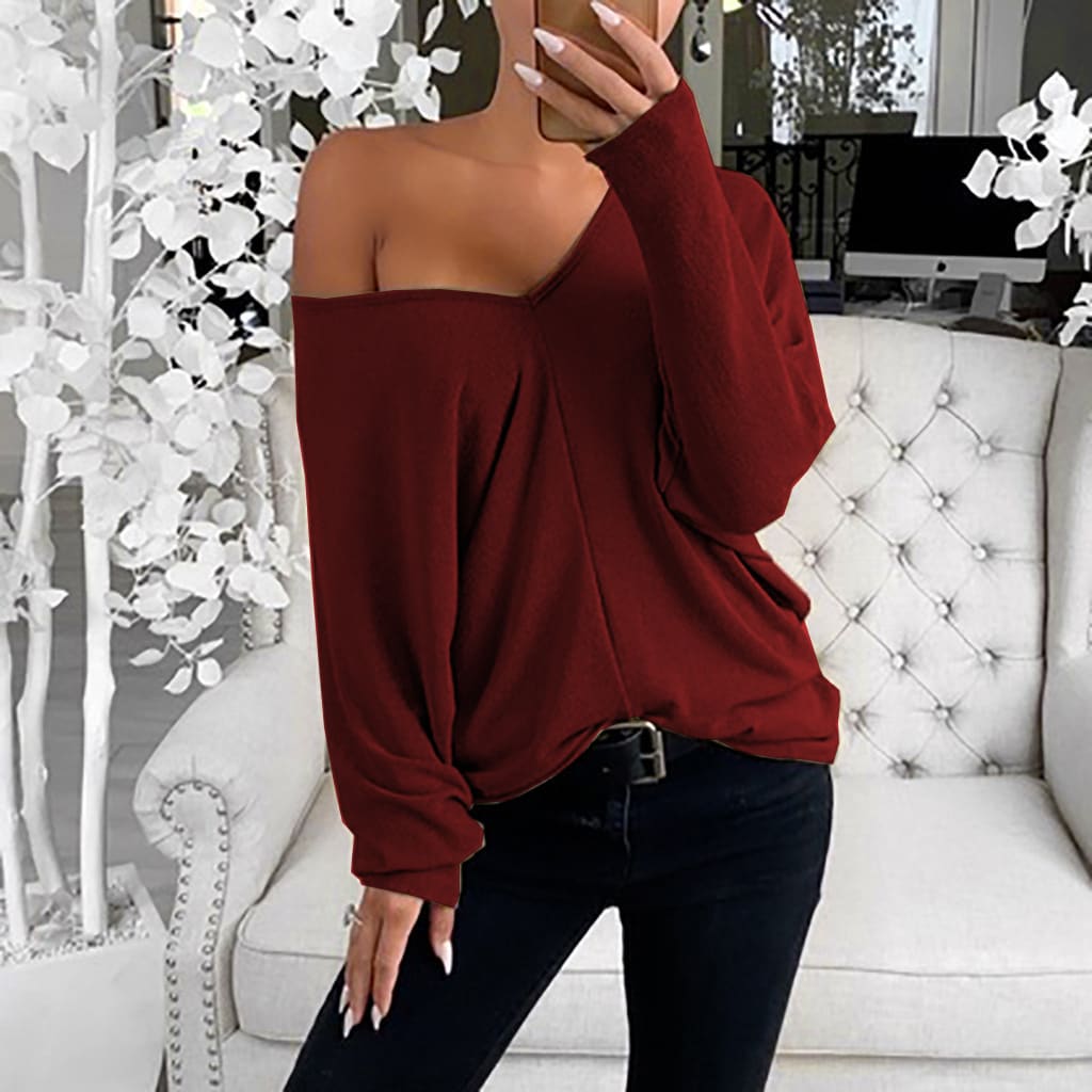 V-neck Lapsed Sleeves Loose Long-sleeved Top T-shirt For Women view 6