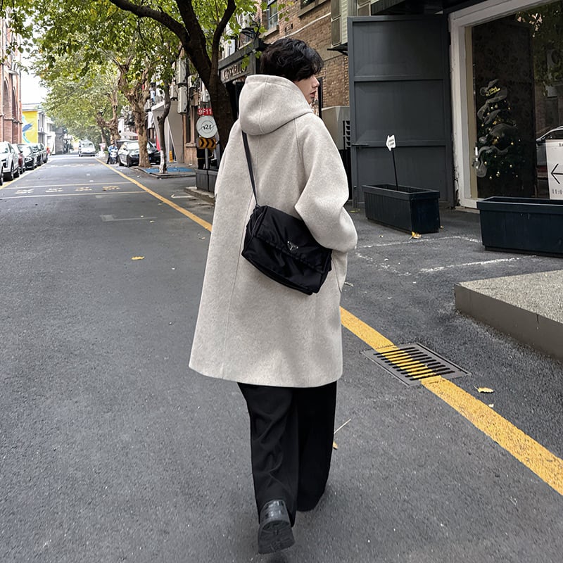 High-grade Woolen Horn Button Hooded Coat Mid-length view 5