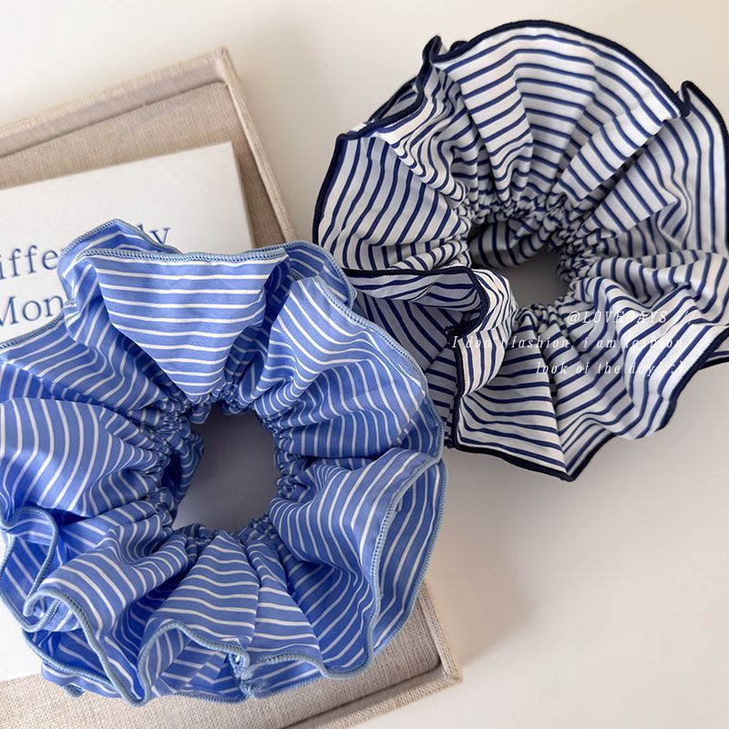 Sweet Blue Striped Double-layer Large Intestine Hair Ring All-match Hair Accessories