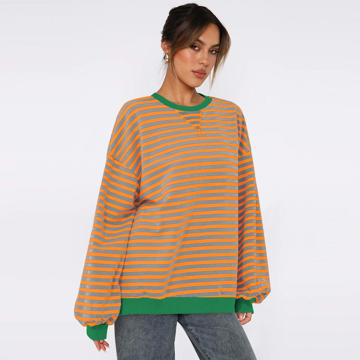 Women's Fashion Round Neck Striped Sweater Loose Bishop Sleeves Top view 10