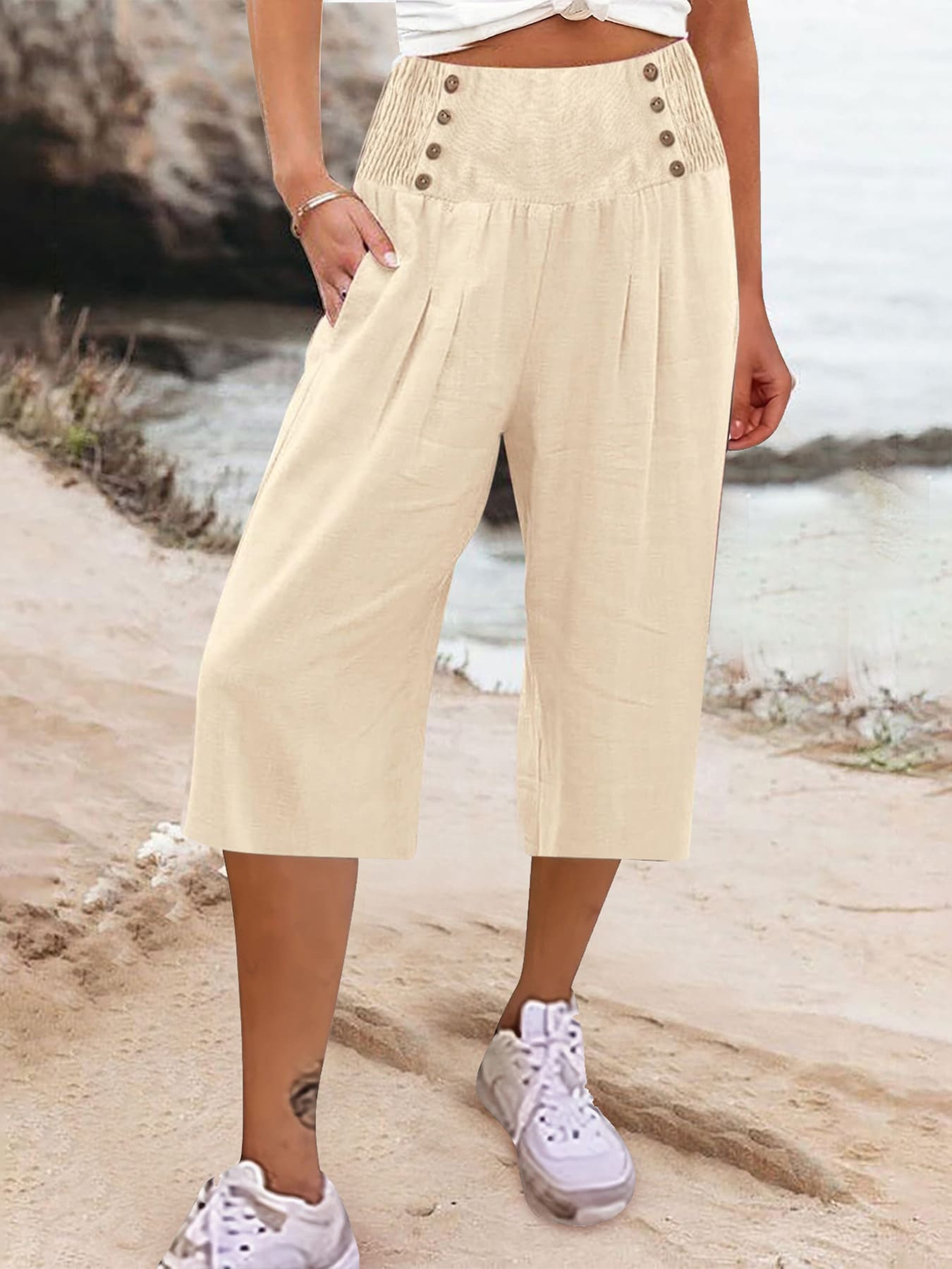 Women's Cotton And Linen Solid Color Buttons Loose Casual Cropped Pants view 4