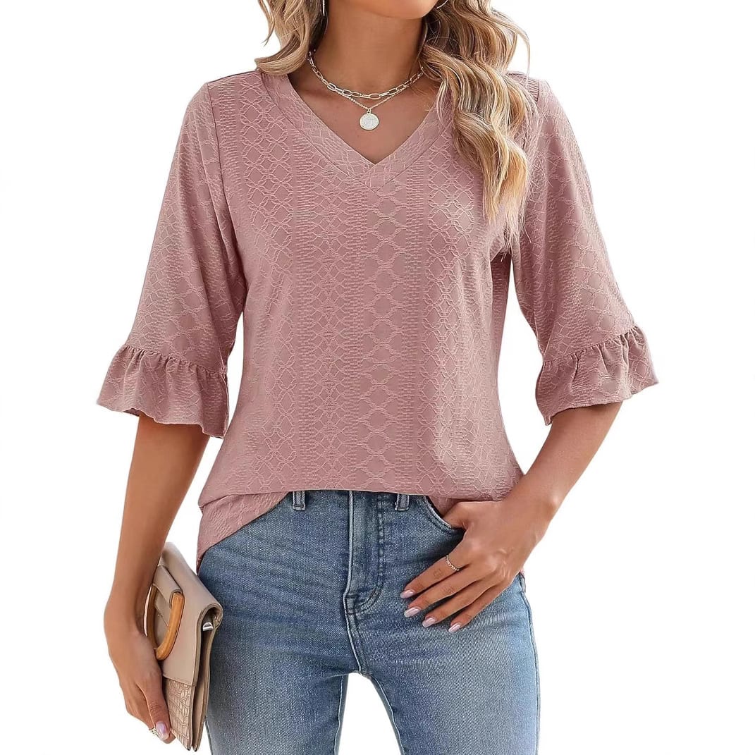 Women's Printed Hollow Ruffle Sleeve Casual Short-sleeved Top view 3