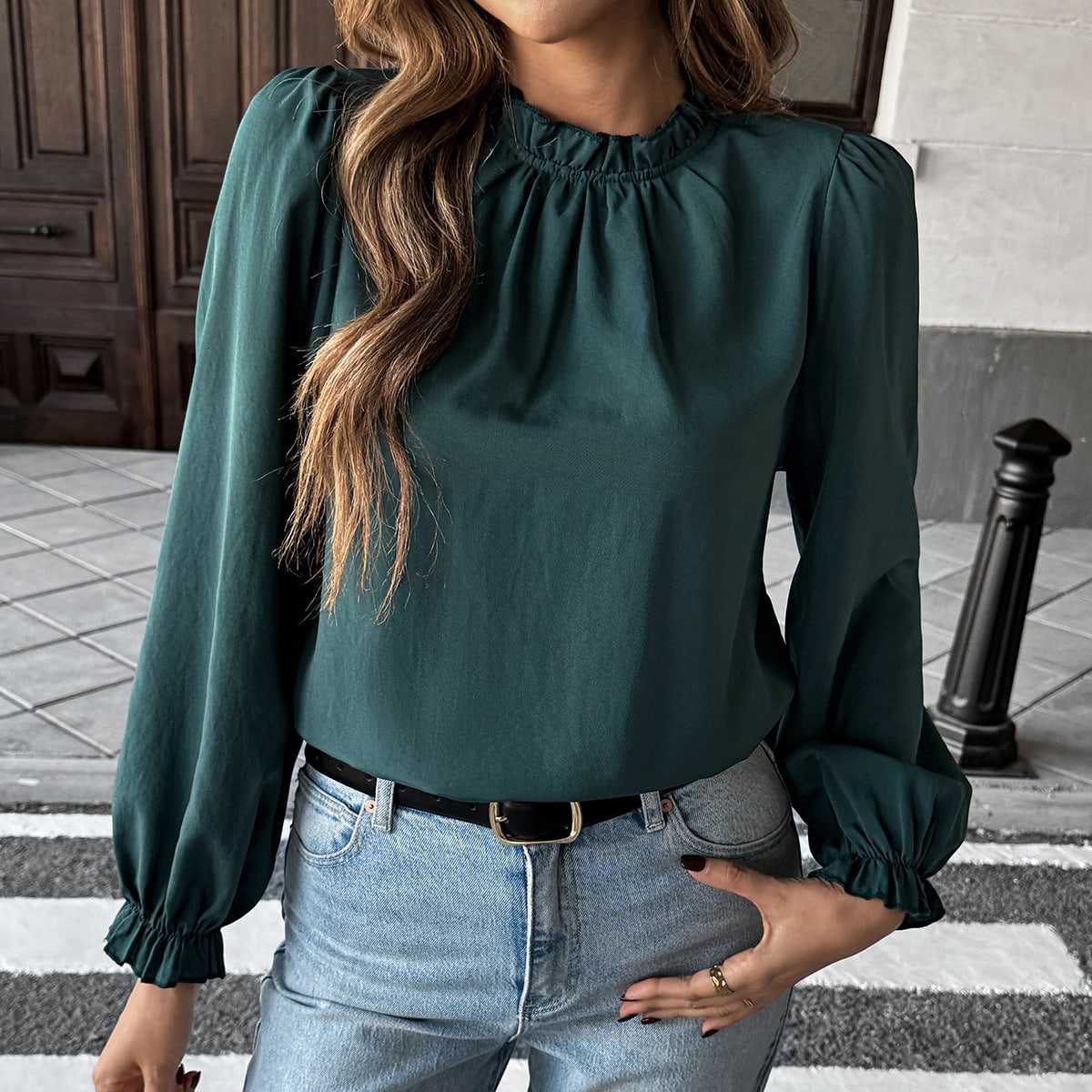 European And American Leisure Simple Style Long Sleeve Solid Color Stringy Selvedge Shirt view 4