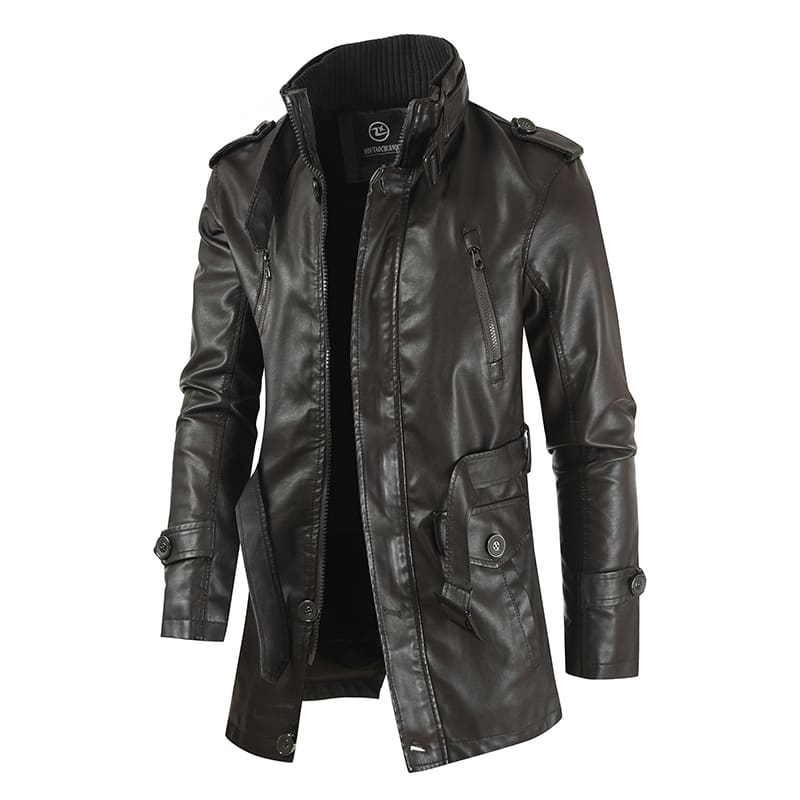 Men's Mid-length Leather Coat Stand Collar Fleece-lined Thickened view 6