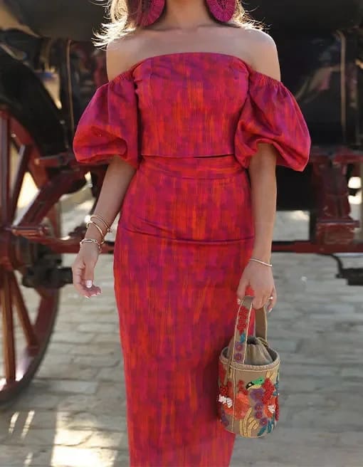 Elegant Bandeau One-shoulder Puff Sleeve Top Mid-length Dress Set Lightly Mature view 10