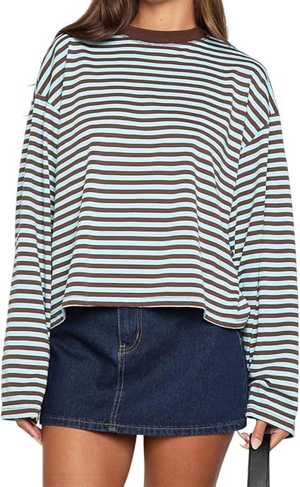 Casual Loose All-match Retro Contrast Color Striped Long-sleeved Top view 7