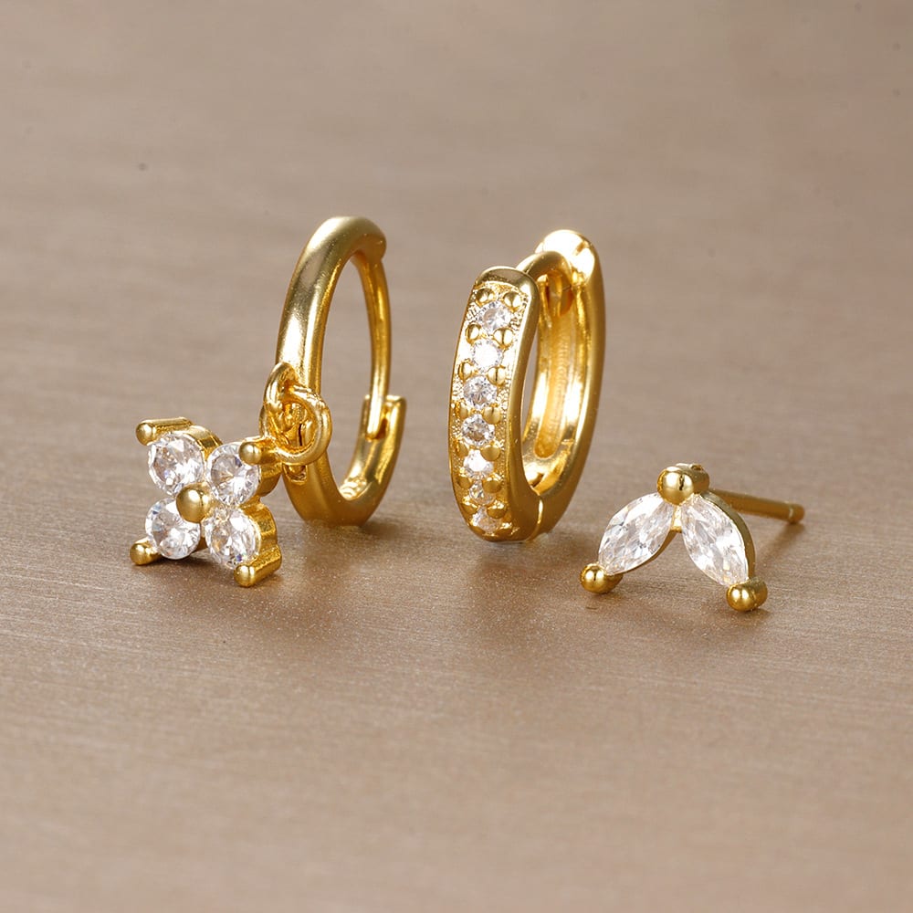 Flower Studded Diamond Stacked Earring Set view 25