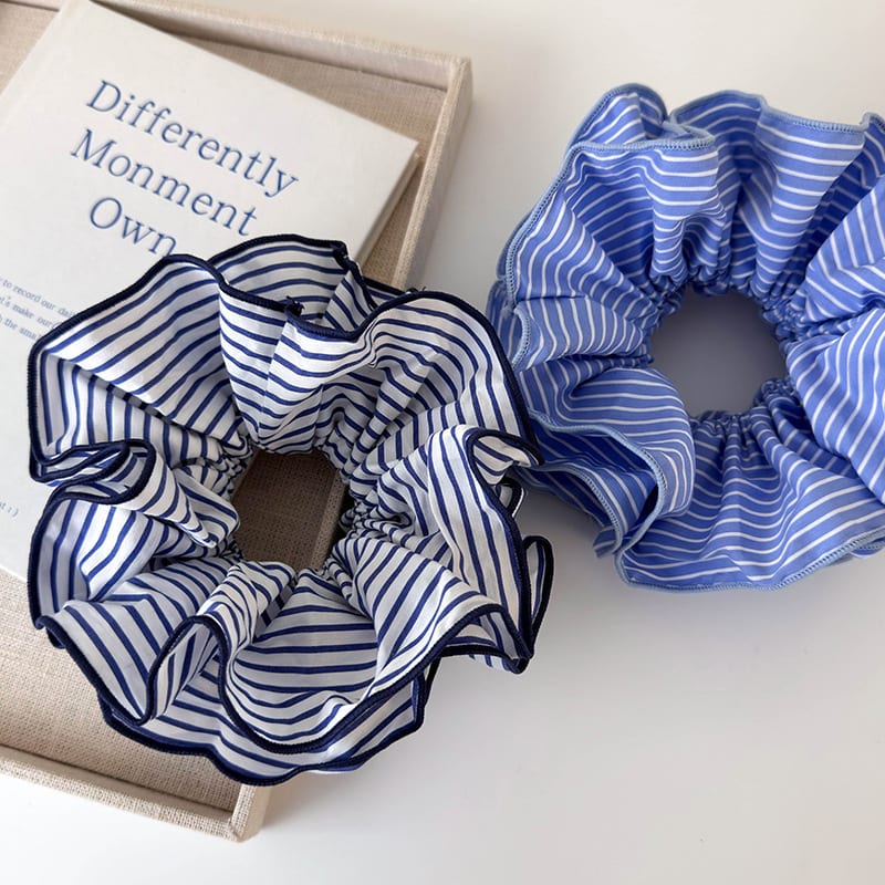 Sweet Blue Striped Double-layer Large Intestine Hair Ring All-match Hair Accessories view 4