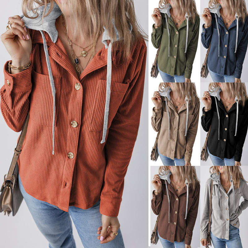 Lapel Buckle Cardigan Pouch Hooded Drawstring Striped Coat view 7