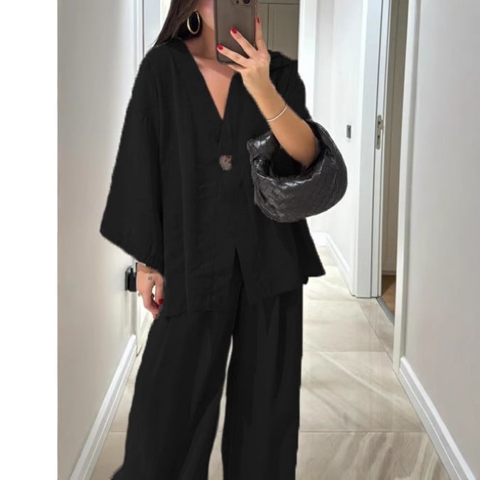 New Fashion Loose-fitting Women's V-neck Top And Wide Leg Pants Casual Suit view 4
