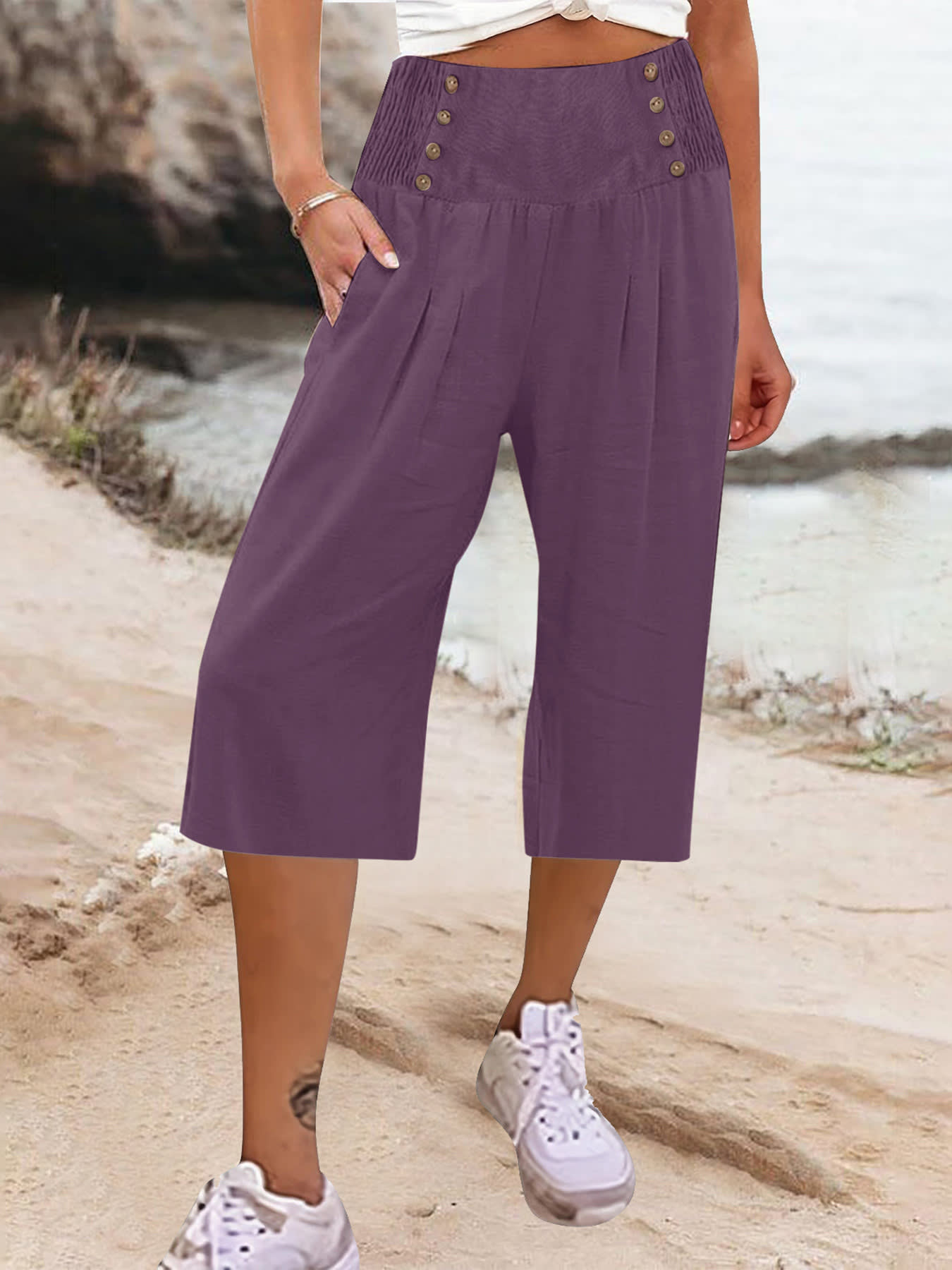 Women's Cotton And Linen Solid Color Buttons Loose Casual Cropped Pants