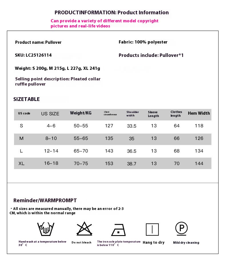 Fashion Pleated Stand Collar Pullover Leisure Pure Color Ruffles Three Quarter Sleeve view 13