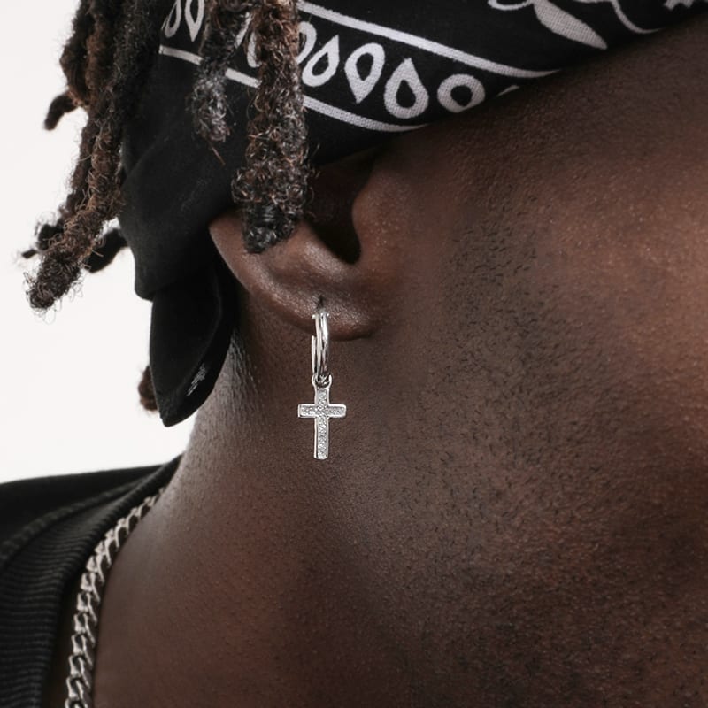 Sterling Silver Cross Ear Ring Men And Women Hip Hop Inlaid Zircon view 10