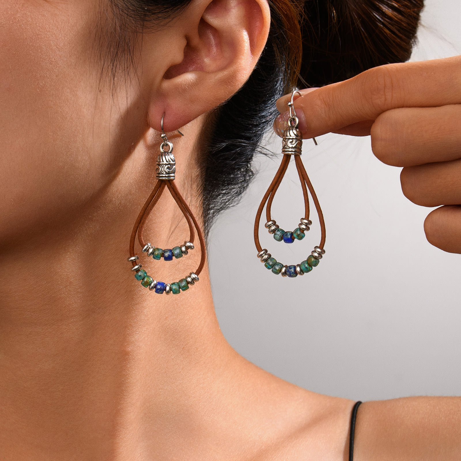 Vintage Earrings Ethnic Style Antique Silver Flower Turquoise Rope Pendant Women's Jewelry view 26