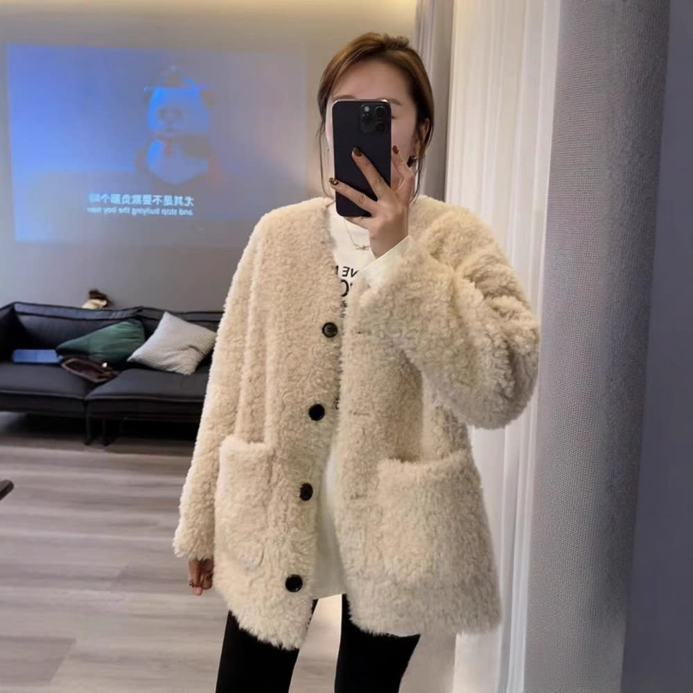 Loose And Warm Lamb Wool Top Coat For Women view 3