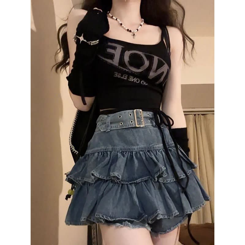 Fashion Suit Lotus Leaf Border Light Denim Skirt Letter Cutout Sling view 5